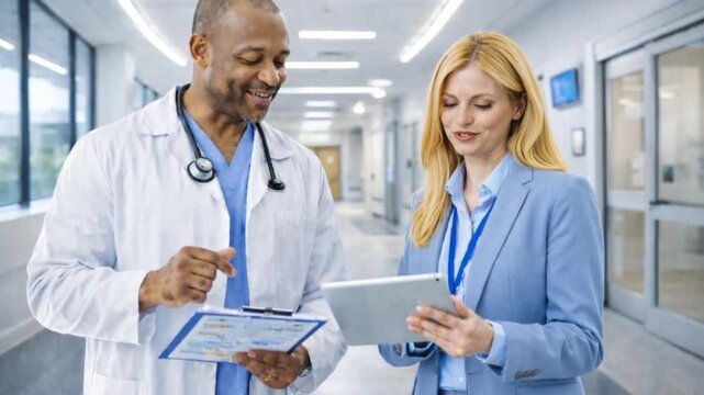 Pharmaceutical sales representative introducing new medication to male doctor.

