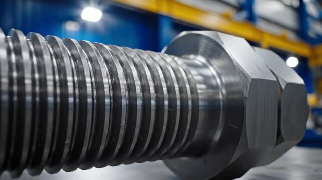 Close-up view of a large, industrial-grade steel bolt with a hexagonal nut on a reflective surface.