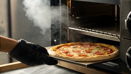 Mini Oven Baking A Pizza As A Hand Reaches In With An Oven Mitt, Capturing The Warm Glow, Delicious Anticipation, And Cozy Simplicity Of Homemade Comfort Food