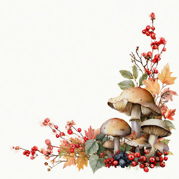 Watercolor rectangular frame made of forest leaves, small mushrooms, and natural stones, arranged in a delicate woodland composition, hand painted and isolated on a white background.