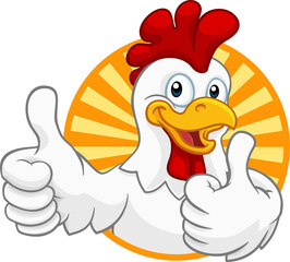 A chicken cartoon rooster cockerel character mascot giving a thumbs up. © Christos Georghiou
