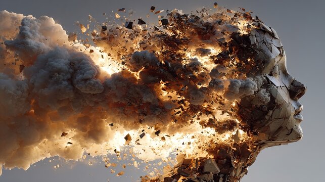 Conceptual Digital Art Head Exploding with Smoke and Debris Illustration