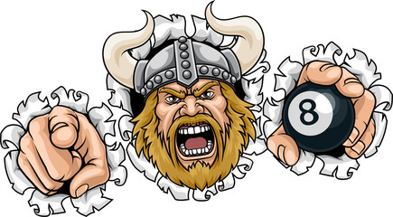 Fototapeta premium An angry Viking cartoon character holding billiards pool 8 black ball and pointing sports team mascot illustration.