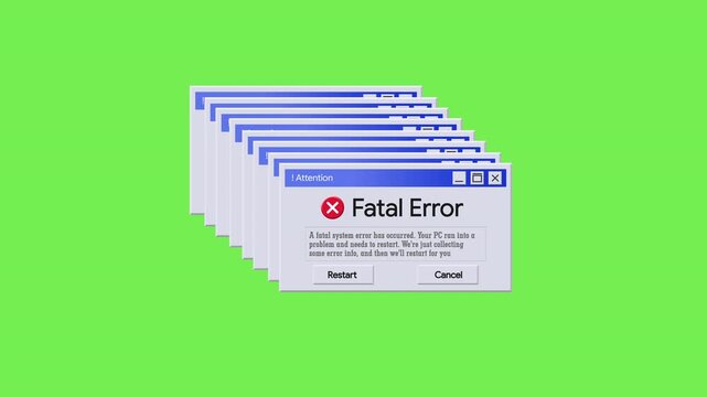 Cascade of Windows Fatal Error Warning Boxes. Green Screen Background for Retro OS System Crash Simulation