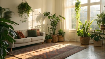 Fototapeta premium Plant Lover’s Living Room Filled With Lush Houseplants, Textured Rugs, And Gentle Sunlight, Blending Natural Warmth, Indoor Greenery, And Relaxed Bohemian Charm In A Cozy Home Setting