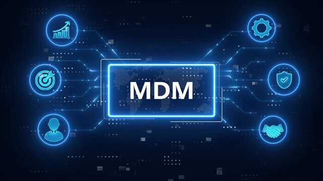 MDM (Mobile Device Management) concept.blue Neon digital technology background