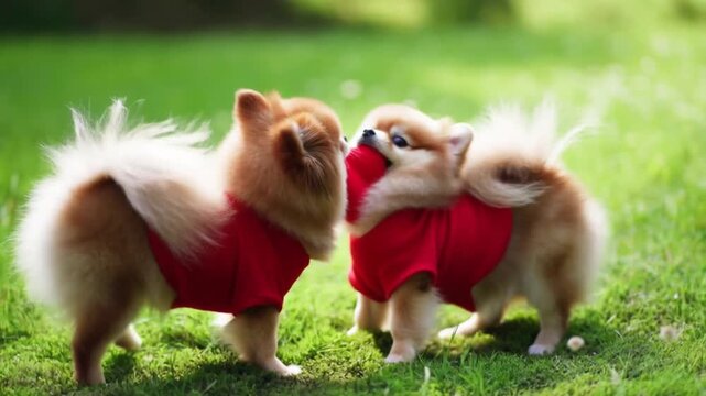 Two pomeranians in red sweaters tug a heart plush toy on a sunny meadow, capturing playful competition and joyful bonding concept