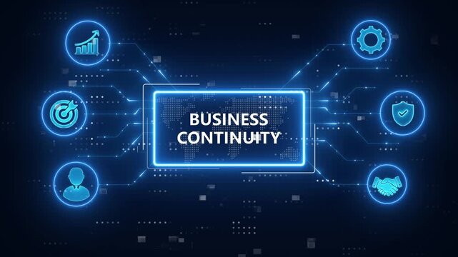 Business Continuity concept .Backup, Duplication, Communication, Recovery, flexibility, Contingency, Planning, Training, Testing. blue neon digital technology background.