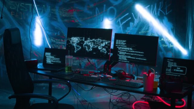 Medium long shot of cyberpunk hacking workspace with codes and e-map on computers screens in blue neon light