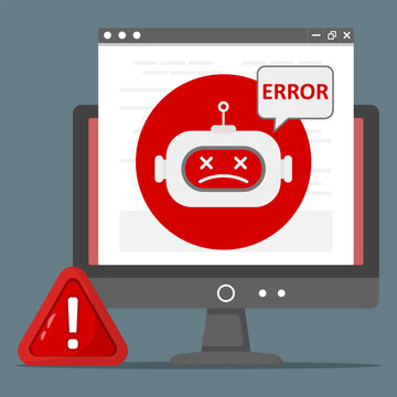 Computer screen showing robot error alert and warning sign, symbolizing system failure, AI malfunction, software problem, crash notification, and technology risk.