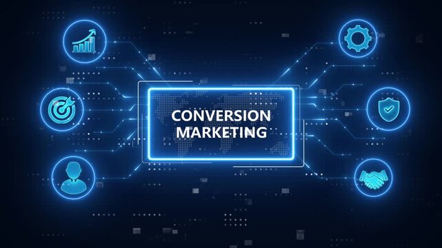 Conversion Marketing concept.CRO (conversion rate optimization).blue neon digital technology background.