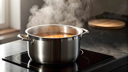 Soup Pot Simmering On An Induction Cooktop With Steam Gently Swirling, Capturing The Warm Essence Of Home Cooking, Comforting Aromas, And Modern Culinary Simplicity