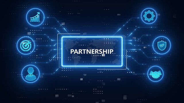 Partnership concept.Blue Neon Digital Technology Background