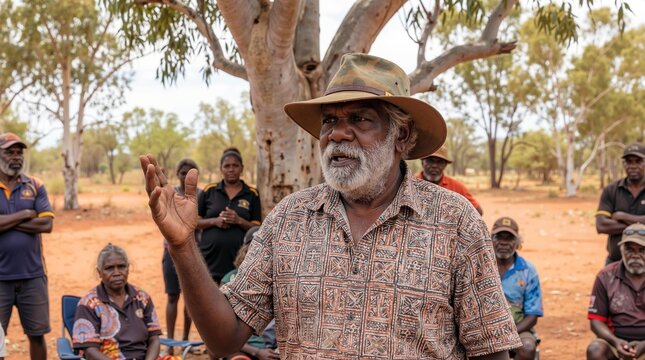 An Aboriginal elder addresses a group of people in a dry, dusty landscape under a tree, sharing knowledge and leading a community discussion. Generative AI.