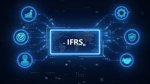 IFRS - International Financial Reporting Standards concept. blue neon Digital technology background