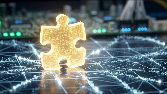 Blockchain startup business puzzle piece glowing connection digital network innovation concept futuristic technology abstract data communication