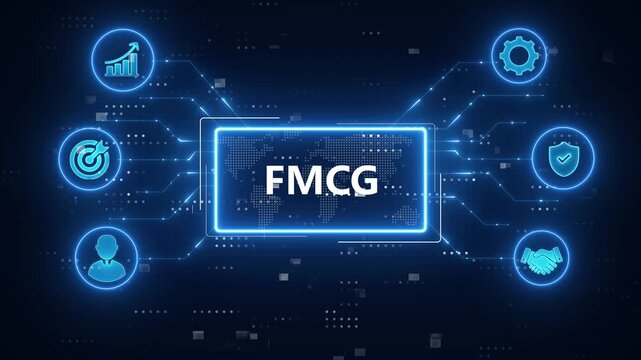 FMCG - Fast-Moving Consumer Goods Examples icons set infographics background.blue neon digital technology background
