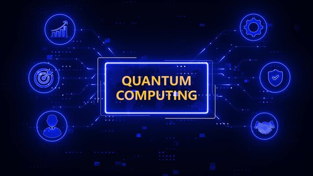 Quantum Computing Features.blue neon digital technology background