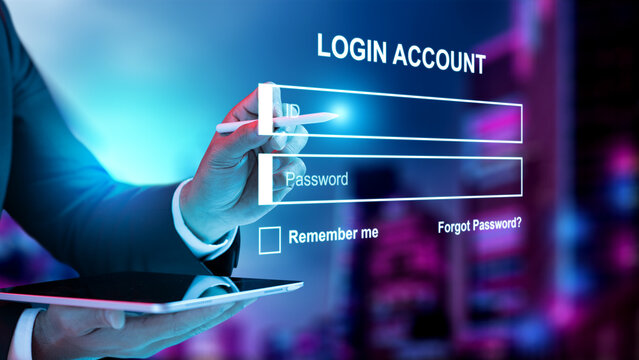 Businessman using a stylus on a virtual login interface with ID and password fields over a blurred city background. Concept of cybersecurity, data protection, and digital identity access