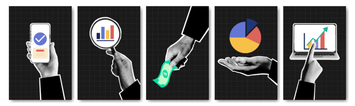 Halftone hand collage with laptop, pie chart, rising arrow and mobile phone symbolizing digital finance, investment banking or social media business marketing. Torn paper sticker with infographic icon