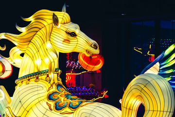 Illuminated Traditional Chinese Zodiac Horse Lantern. Large Scale Animal Shaped Light Installation for Lunar New Year and Lantern Festival. © Wenju