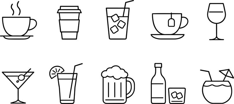 Set of black line icons representing different beverages including coffee cup, takeaway coffee, iced drink, cocktail, wine glass, beer mug, juice, milkshake, tea cup, and tropical drink. Minimalist ou