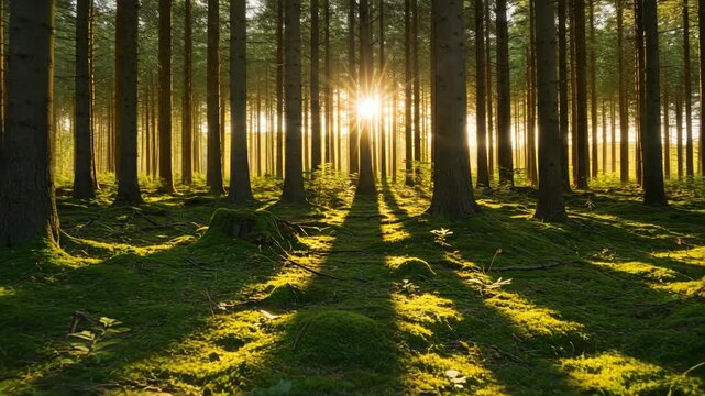 Golden Sunlight Through Pine Trees In Green Forest