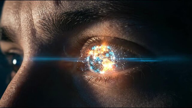 Blockchain startup business concept featuring futuristic digital eye network glowing dark closeup with detailed skin texture eyebrow eyelashes close