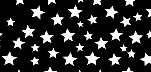 Fototapeta premium Simple seamless pattern of small white five-pointed stars on a solid black background, monochrome, design