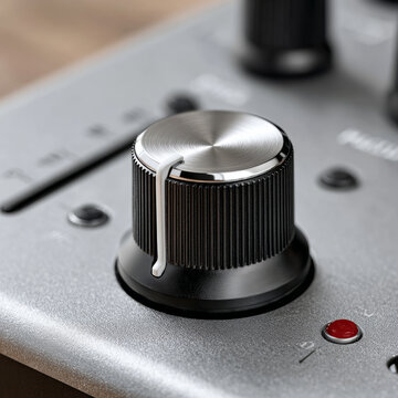 Close-up of audio mixer control knob on professional soundboard