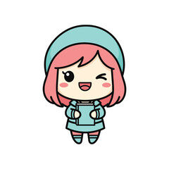 Obraz premium Chibi Girl with Pink Hair and Blue Hat