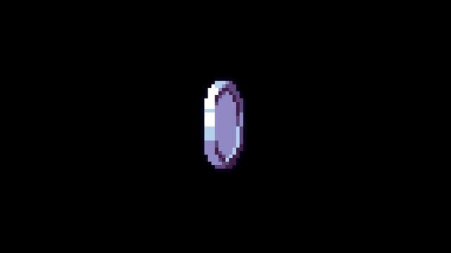 Fast rotating pixel art silver coin animation in a seamless loop. Designed with an outline that becomes visible when placed over lighter or colored backgrounds.