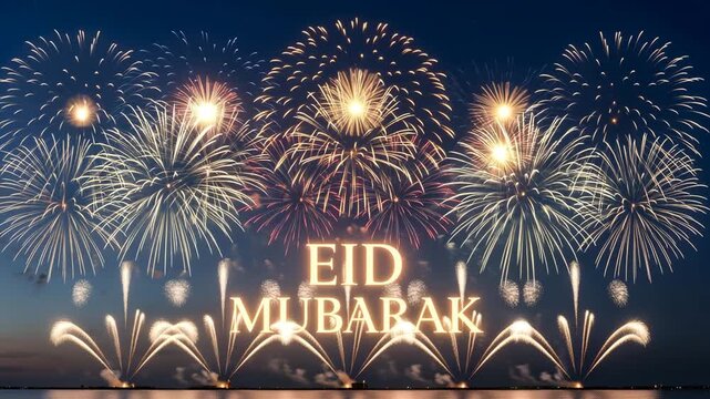 Eid Mubarak Celebration Fireworks Over Water City Skyline Night Sky Festive Lighting Display 4K Ai HD high quality video.