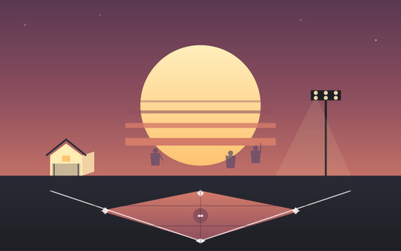 Baseball Diamond Cornfield Iowa Field of Dreams Retrowave Sunset Minimalist Flat Vector Illustration Rural Landscape Design