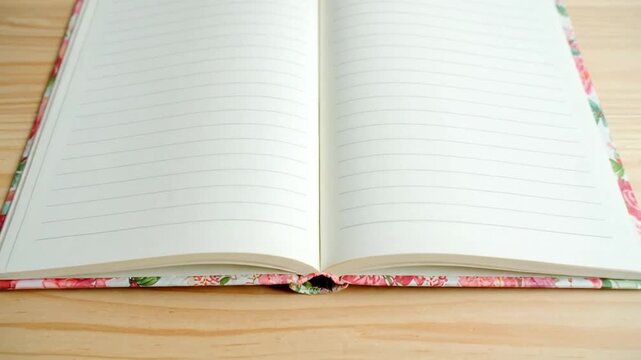 Open notebook with lined pages. Floral print edge. Light wood background. Top down view, minimalist style