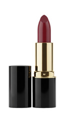 Obraz premium An immaculate open tube of deep burgundy lipstick with a satin finish, luxurious black lacquer and gold casing, standing upright against a transparent background, sophisticated luxury product