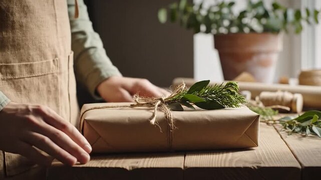 Person hands wrapping present with craft paper and natural green decor on wooden table for holiday or special occasion