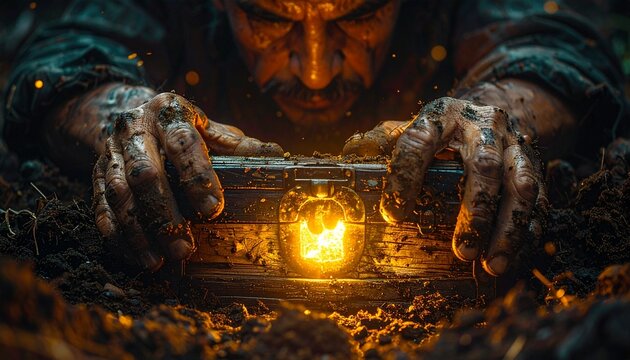 Close-up photo of a man&rsquo;s hands digging frantically in dark soil. Semi-realistic scene emphasizing urgency, tension, and raw physical effort in a gritty, moody atmosphere.