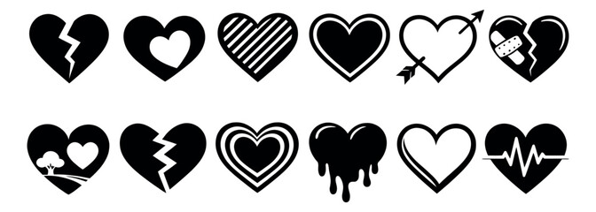 Graphic heart icon set featuring various solid, outlined, broken, and patterned designs with arrow and band aid elements for love and emotion concepts