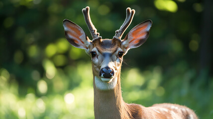 Close-up of a young deer with small antlers standing amidst lush greenery in natural daylight