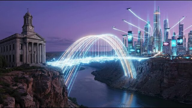 Blockchain startup business concept featuring digital data transfer and light bridges connecting historic buildings to futuristic city skylines dusk