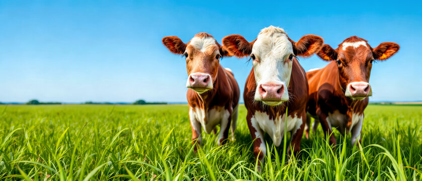 Three red calves in a pasture with lush green grass, a banner with copy space from a cow farm, grazing and raising young cows