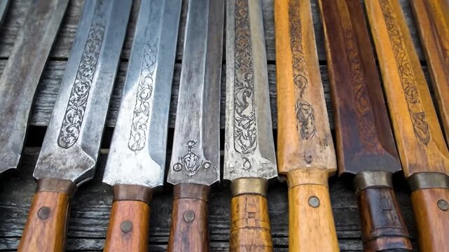 A collection of various knives with wooden handles and decorative carvings on the blades