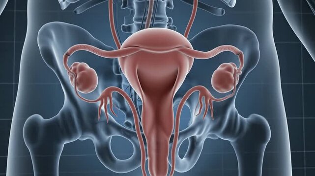 Female reproductive system with highlighted ovaries and inflamed uterus inflammation pelvic pain