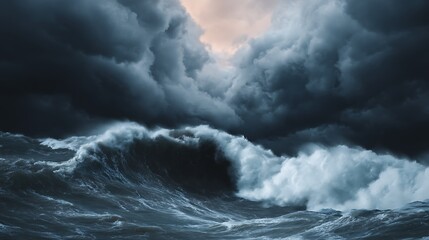 Obraz premium A dramatic seascape featuring tumultuous waves and dark storm clouds, conveying a powerful sense of nature's force and beauty.