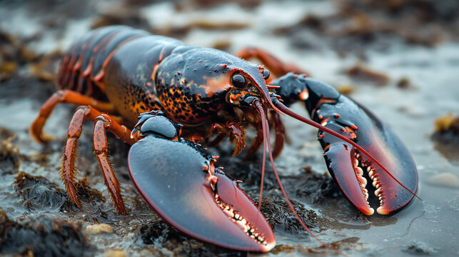 Close-up of a colorful lobster crawling on wet rocky shoreline capturing detailed textures and