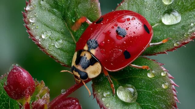 A close-up of a ladybug on a dew-covered leaf, with a red stem and bud