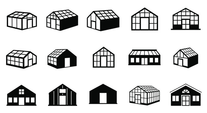 Collection of greenhouse designs in black minimalist silhouette
