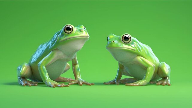 Two realistic green frogs conversation on chroma key background