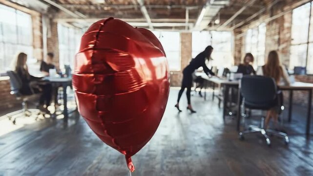 Heart-shaped balloon in rustic office with diverse coworkers